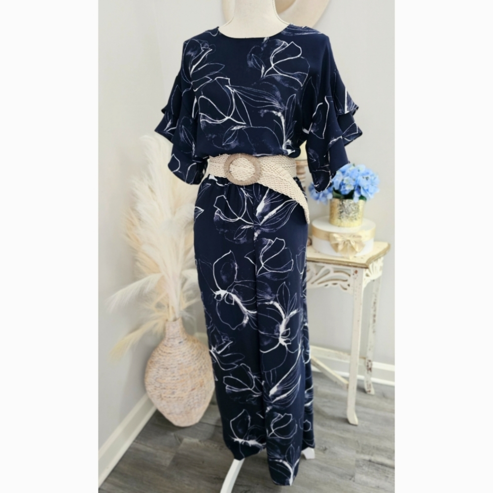 Vince Camuto Navy White Floral Ruffle Sleeves Wide Legs Jumpsuit